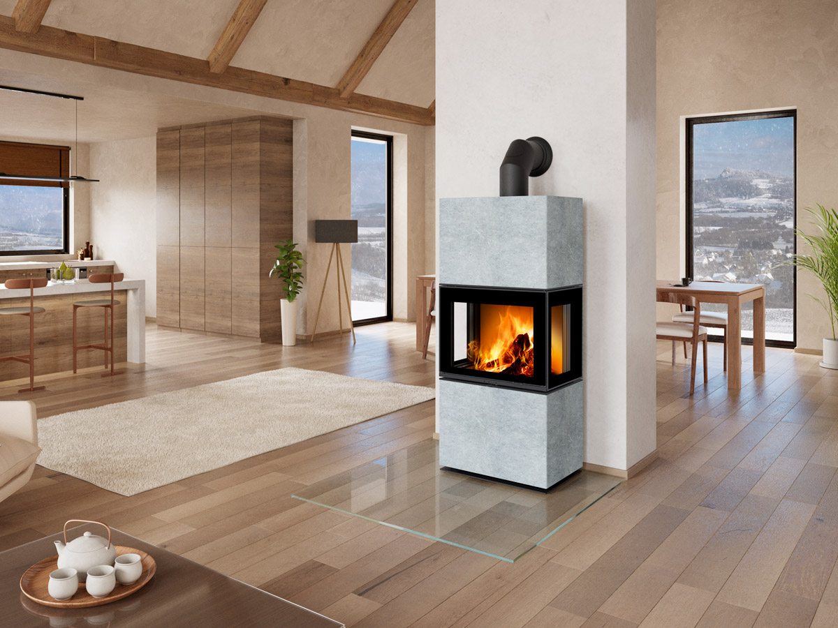 Romotop Lera C G dizajnové trojstanné krbové kachle obkladané mastencom celkový produktový záber